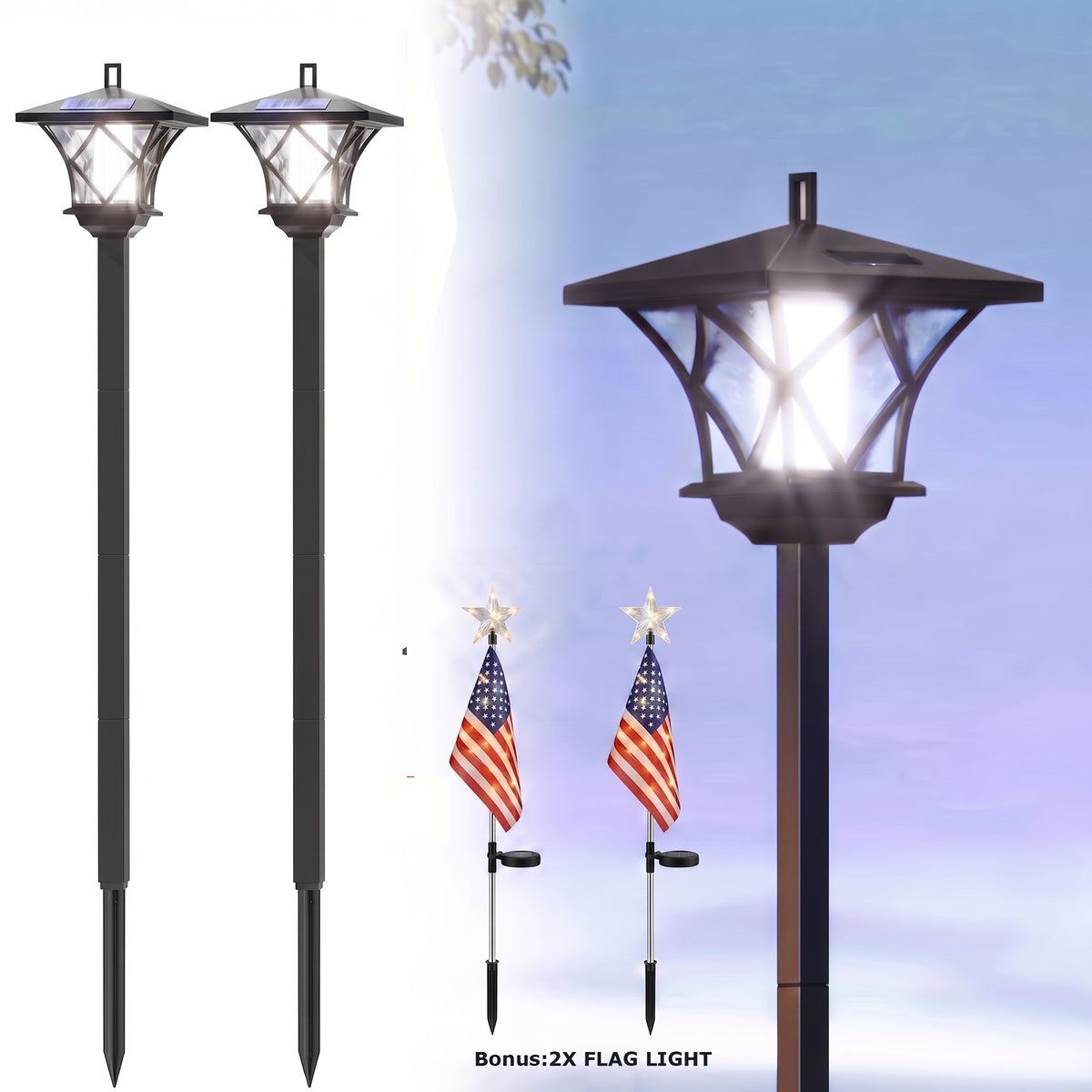 Retro Black Solar Lamp Posts, 2-Pack with Listed 59-Inch Plastic Pole Design for Decorative Garden, Patio, Backyard and Driveway Displays