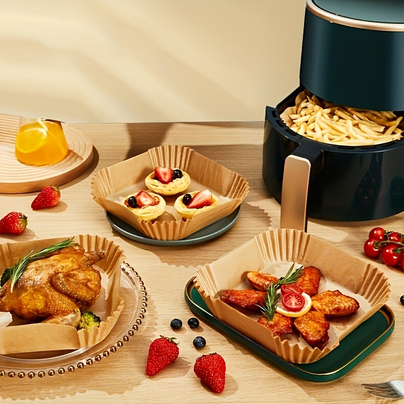 Yellow Square Air Fryer Liners in 50 or 100-Piece Packs with Listed Nonstick and Oil-Proof Design for Compatible Oven Baking and Everyday Kitchen Cooking