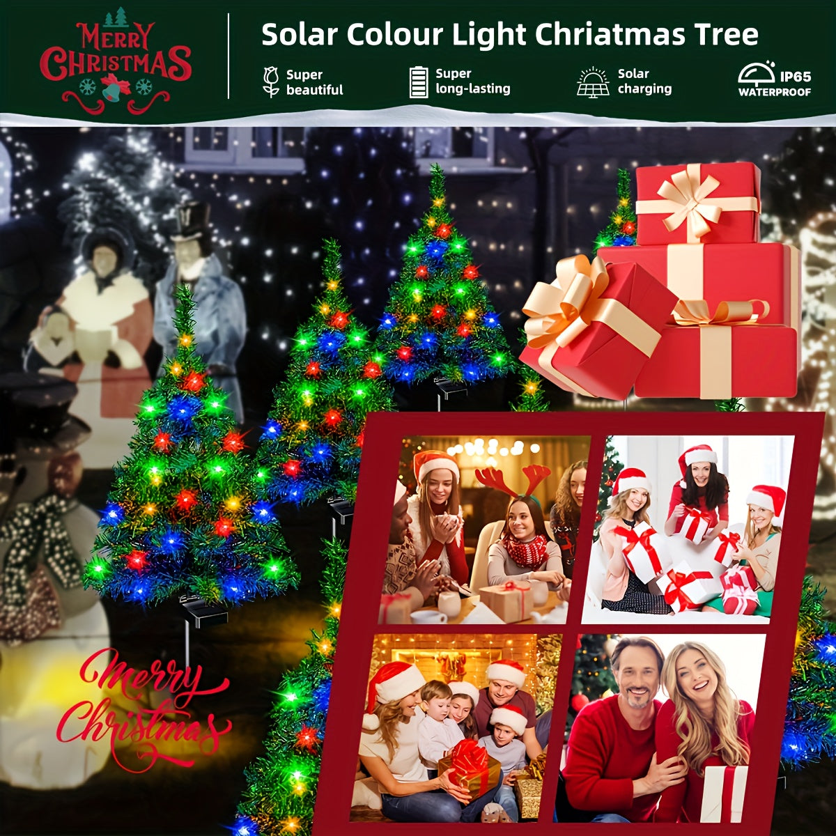 Solar Christmas Tree Lights with Listed IP65 Rating, Plastic Outdoor Holiday Decorations in One, Two or Four-Piece Options for Lawns, Terraces and Balconies