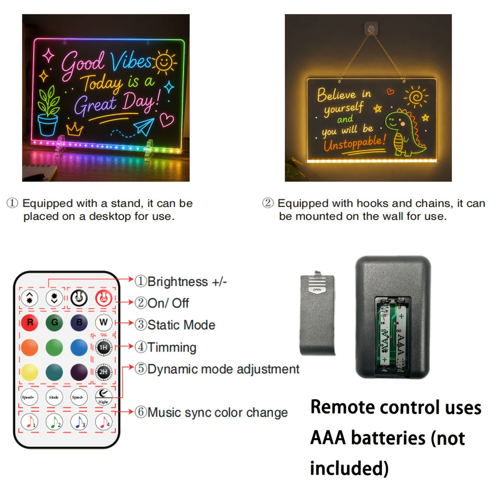 LED Erasable Drawing Board 13.7 x 10 Inch, RGB+IC Acrylic Message Sign with 21 Lighting Effects, Remote and App Control and 12-Color Pens