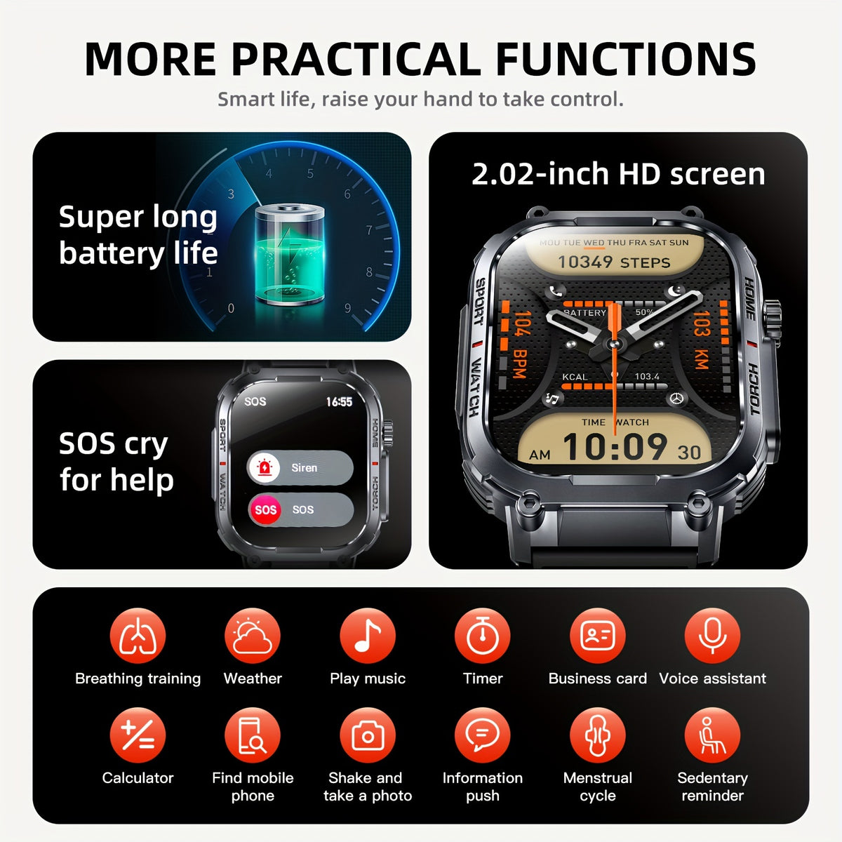 LED Flashlight Calling Smartwatch with Listed 2.02-Inch TFT Screen, Step Counting and Sleep Tracking Features, iOS Android Option for Everyday Wear