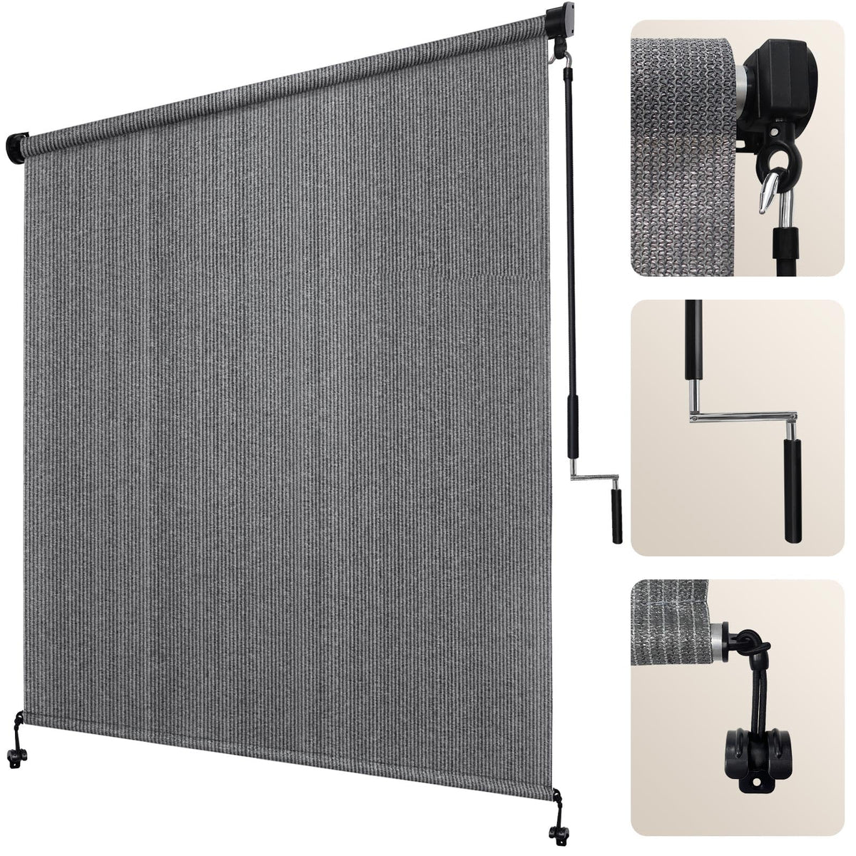Outdoor Roller Shade in Gray or Mocha, Cordless Roll Up Patio Blind with 220GSM HDPE Fabric, One-Piece Panel and Seven Sizes for Porch, Deck and Balcony
