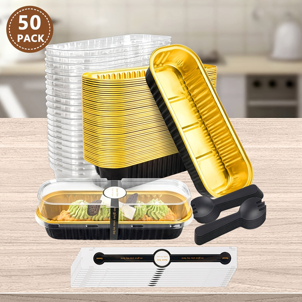Rectangular Mini Cake Pans with Lids and Spoons, Listed 50-Pack of 6.8oz Aluminum Foil Containers in Black Golden for Individual Cheesecakes and Party Desserts