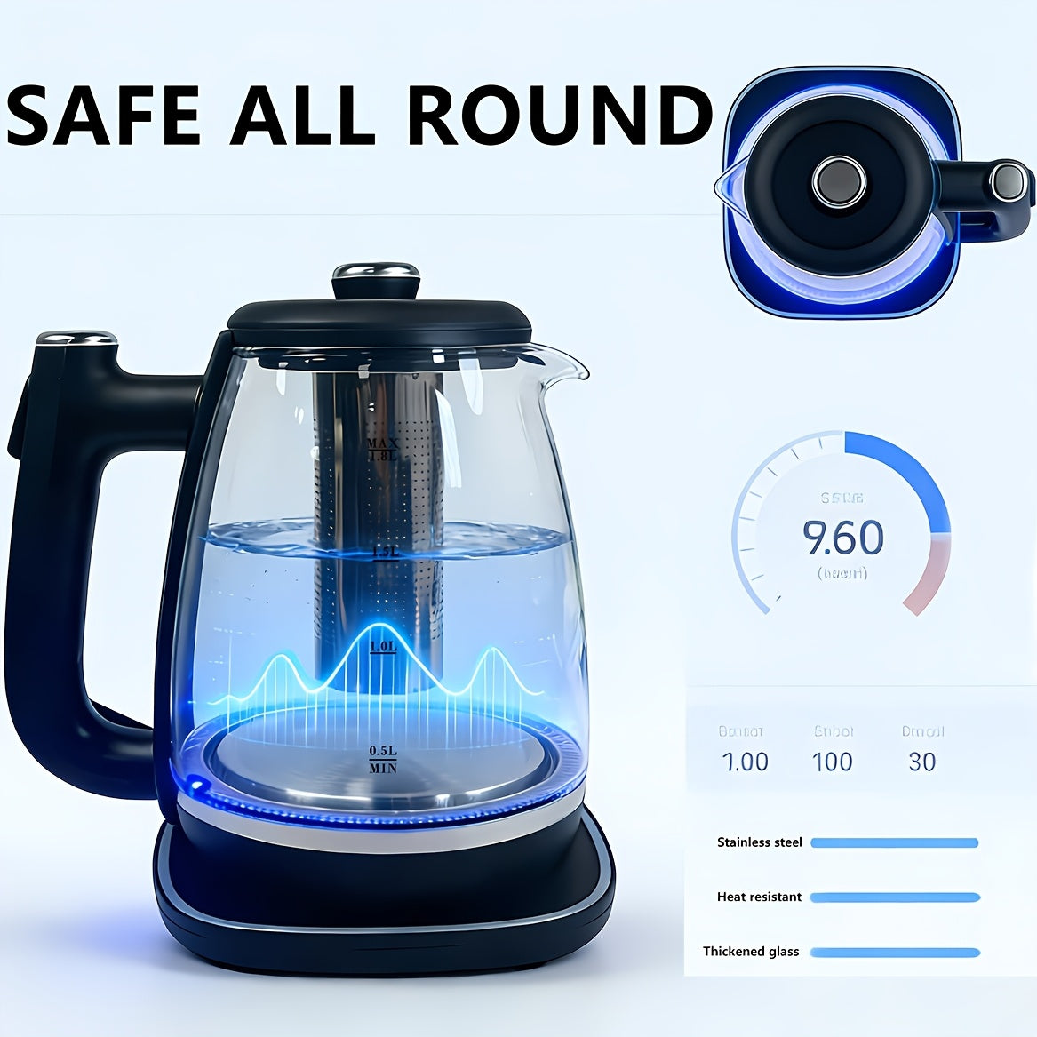 Removable-Filter Electric Kettle, Black 1.8L Water Boiler with Listed 304 Stainless Steel, 360-Degree Base, Auto Shut-Off and Boil-Dry Protection for Tea and Coffee