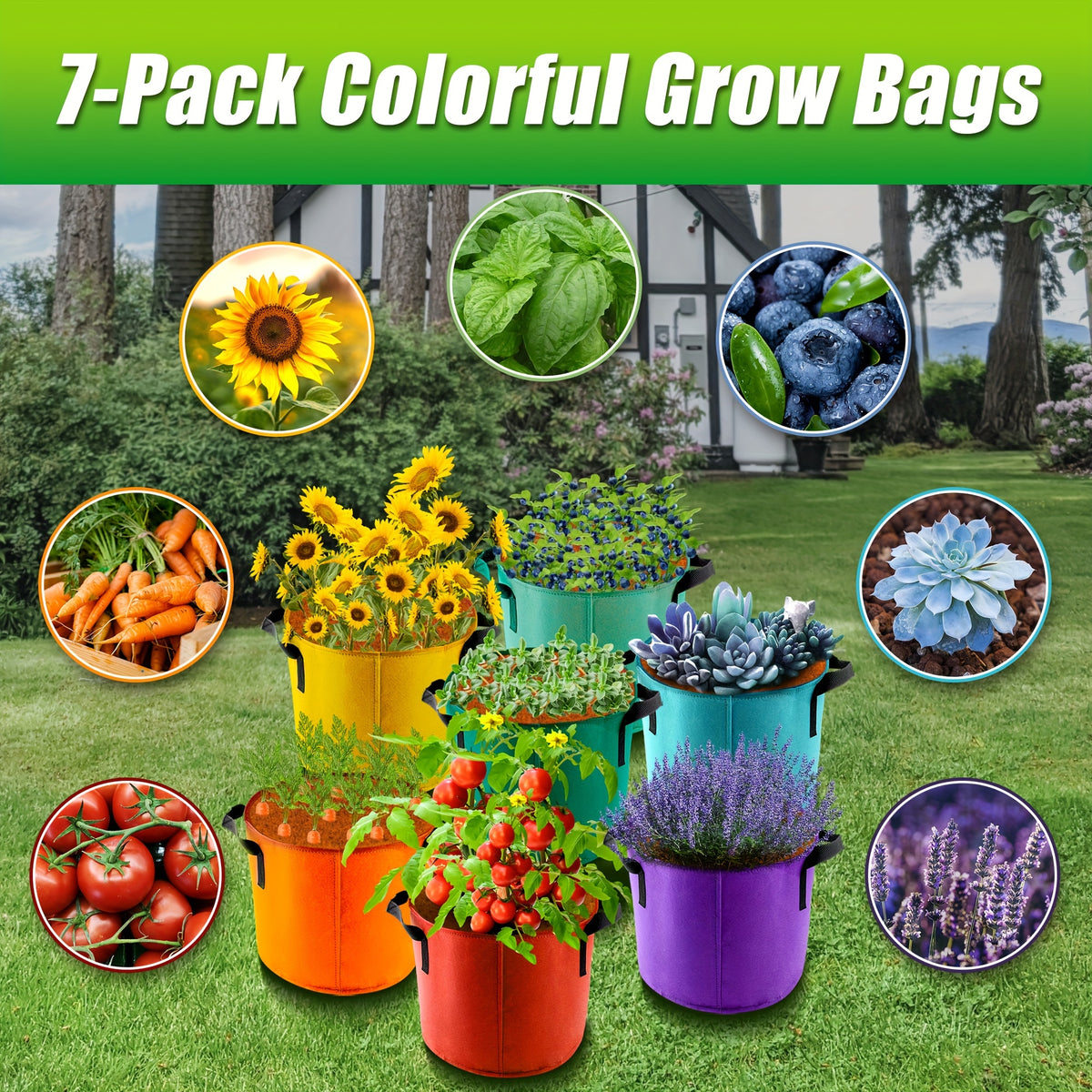 Grow Bags with Handles, Seven-Piece Colorful Fabric Plant Pot Set in Listed 10 Gallon Size for Patio Containers, Outdoor Gardens and Indoor Planting Areas