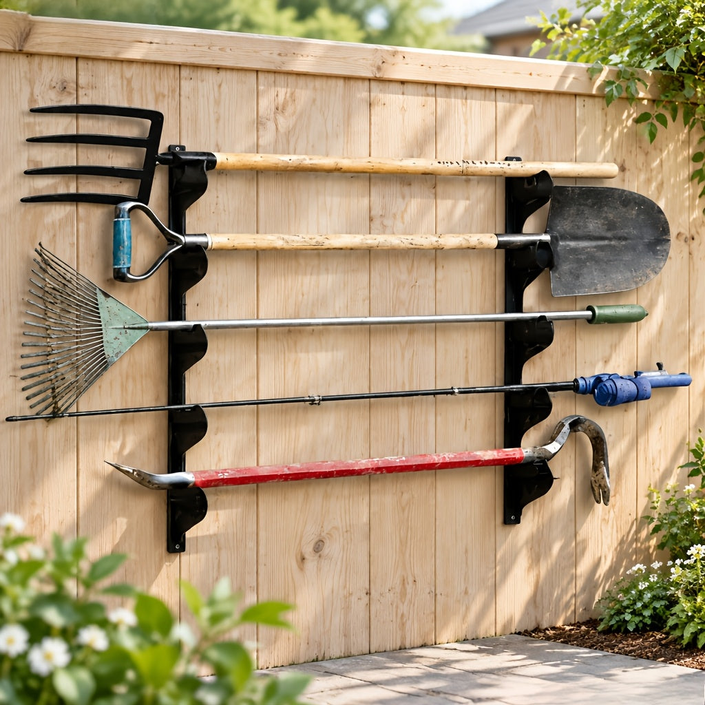 Wall Mount Tool Rack 2-Pack in Black, Space-Saving Garden and Garage Tool Organizer for Shed Storage, Home Workshops and Utility Areas