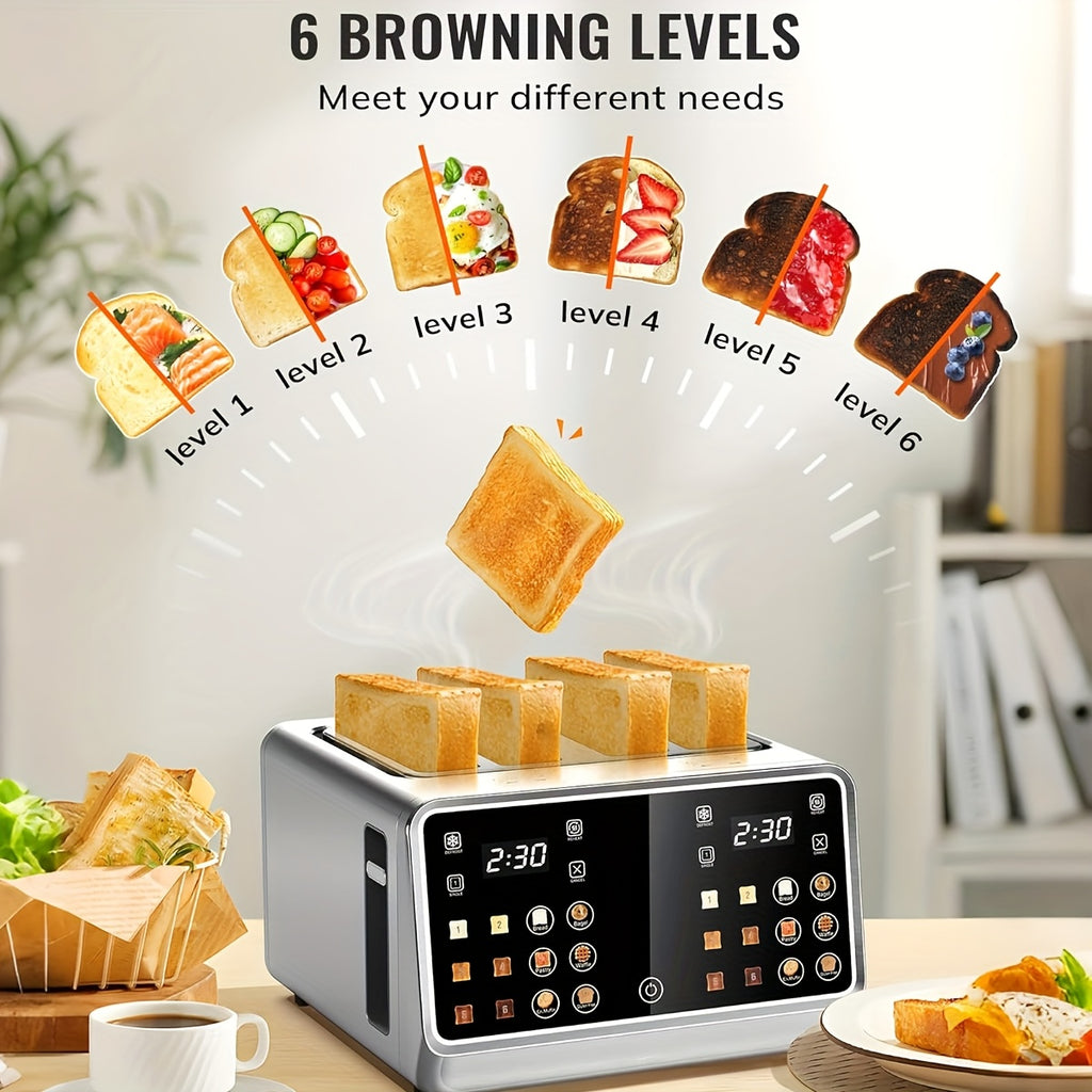 Four-Slice Digital Toaster with Listed Touchscreen, Dual Control Panels, Timer and Single-Slot Toasting, Stainless Steel Option for Bread, Bagels and Waffles