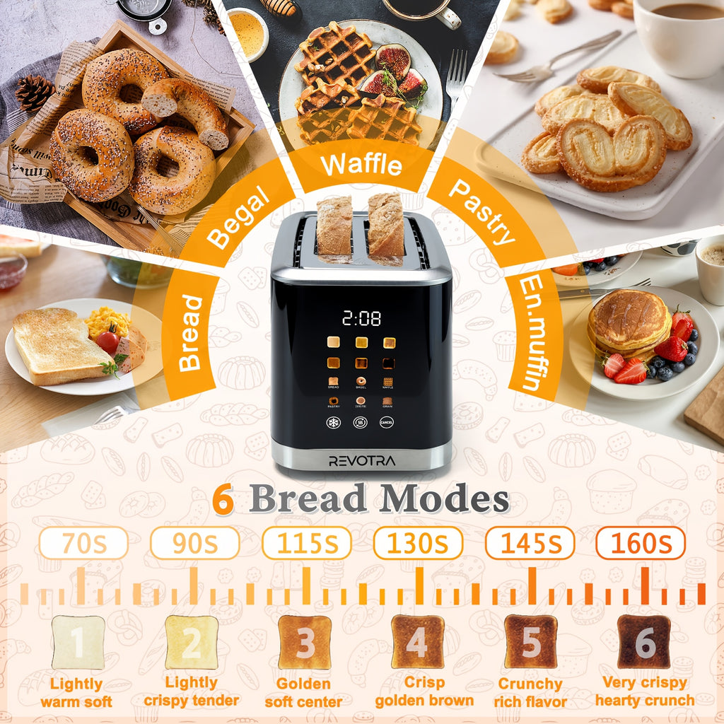 LED Display Breakfast Toaster in Black with Stainless Steel Construction, Wide Slots, Six Toasting Levels, Defrost, Heat and Cancel Functions and Crumb Tray