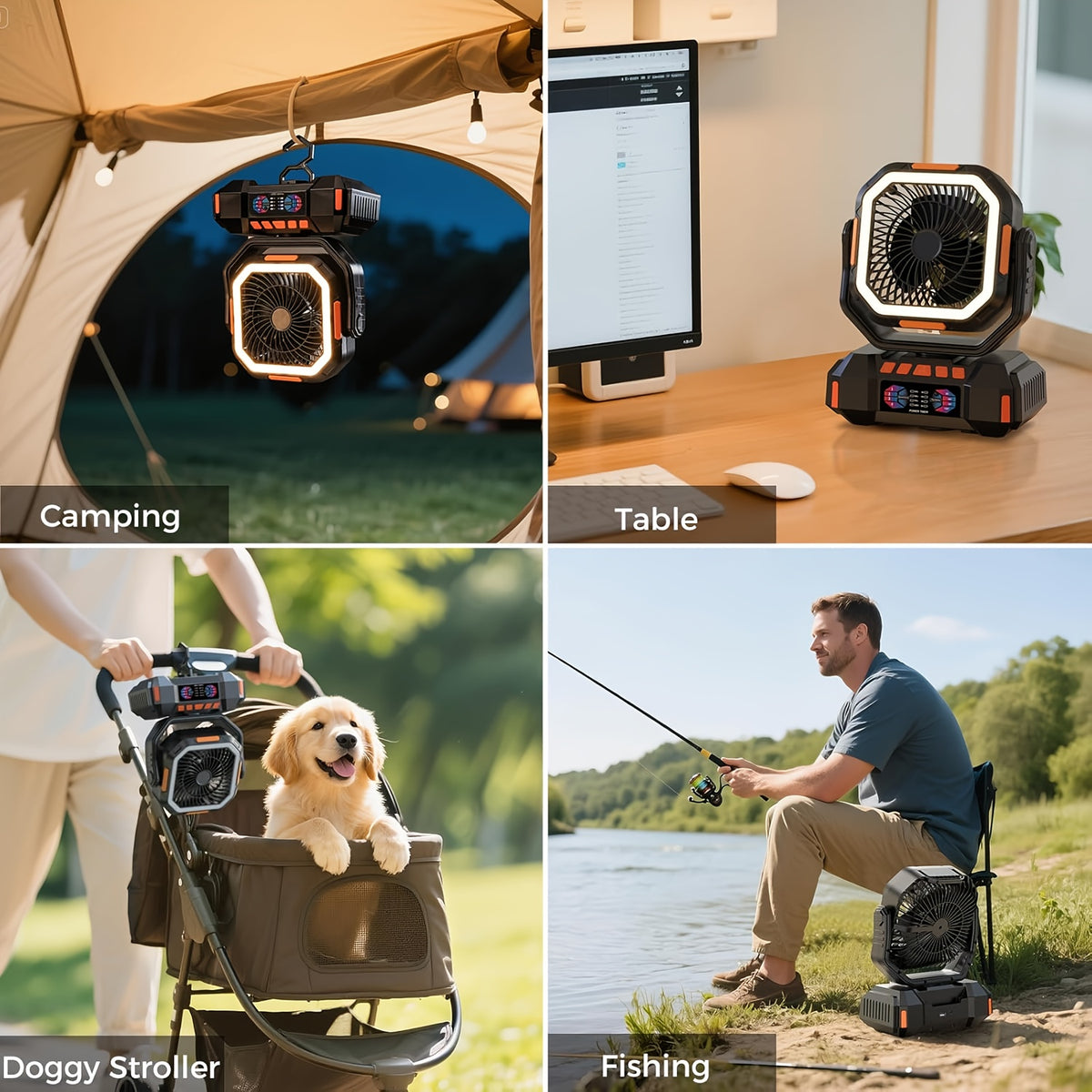 Portable Camping Fan with Listed 40000mAh Capacity, LED Light, Hanging Hook, Remote Control, Timer and Auto Oscillation in Green, Orange or Black