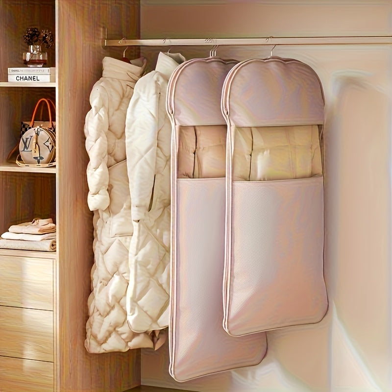 Hanging Compression Garment Storage Bags with Listed See-Through Design and Zipper, Small, Medium or Large Labels in Beige or Pink for Winter Wardrobe Organization
