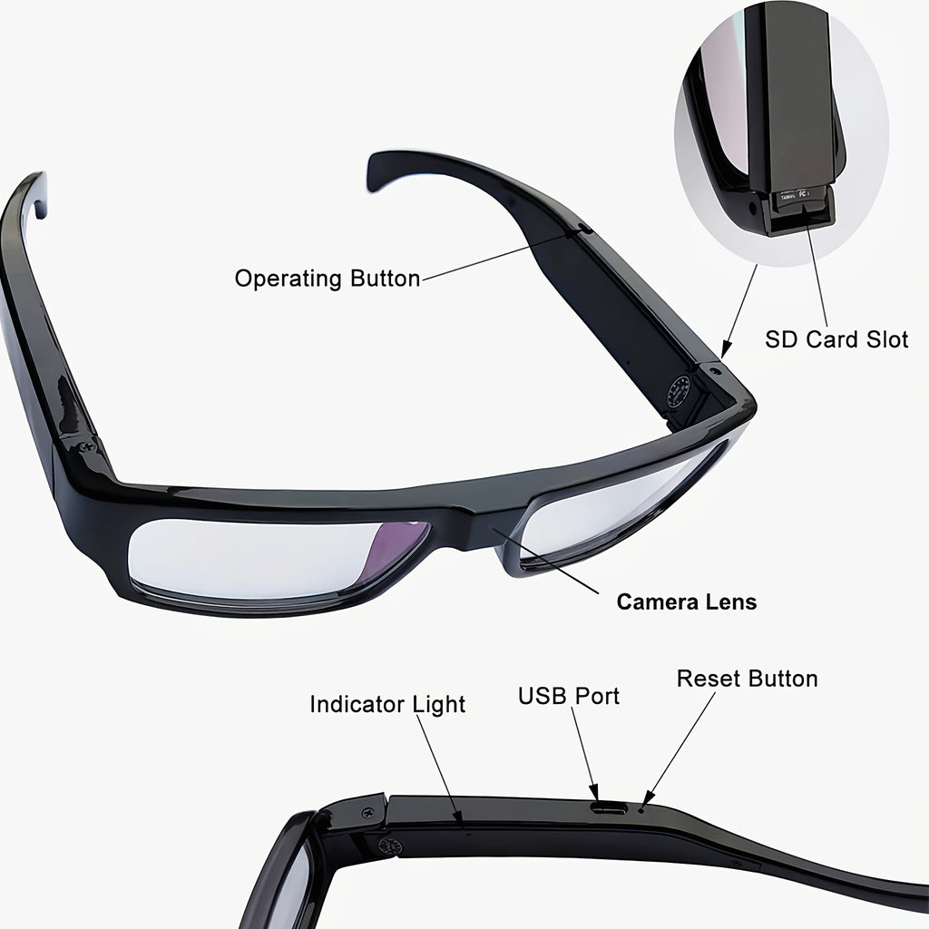 Wearable Camera Glasses with 1080P HD Video Recording, Portable Digital Camcorder Eyewear with USB Interface and 32GB or 64GB Memory Card Options