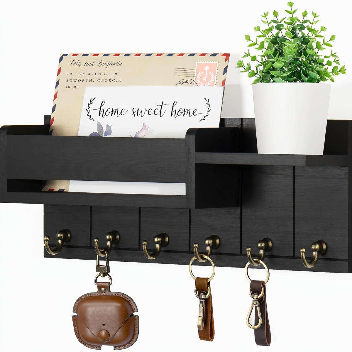 Wall Key and Mail Organizer with Tray, Five-Color Entryway Key Rack for Hallway and Kitchen Storage in White, Grey, Black, Brown or Light Brown-1