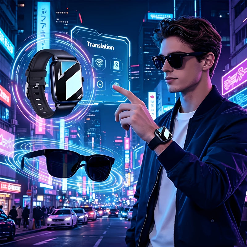 Smartwatch and AI Translation Glasses Bundle with Full Touchscreen, Online Multilingual and Photo Translation, Built-In Microphone and Speaker for Wireless Calls