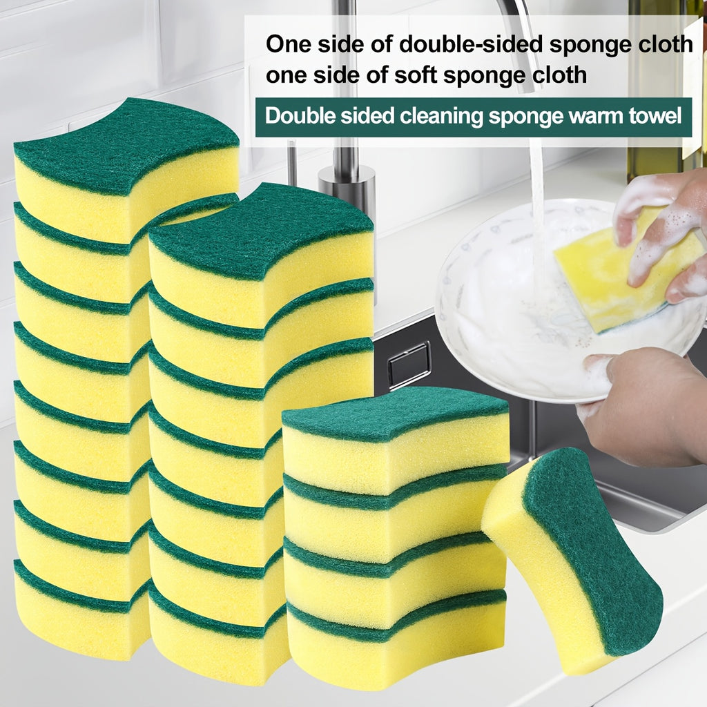 Waist-Shaped Cleaning Sponges in Yellow and Green, 12- or 24-Piece Double-Sided Scouring Pad Options for Compatible Dishwashing and Household Kitchen Cleanup