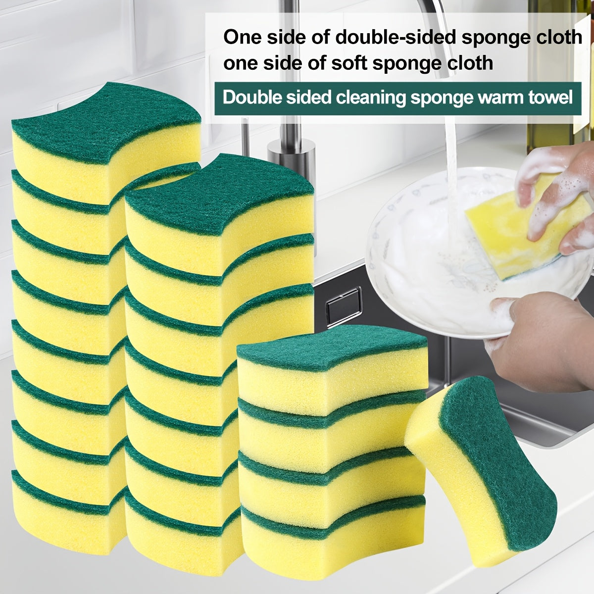 Waist-Shaped Cleaning Sponges in Yellow and Green, 12- or 24-Piece Double-Sided Scouring Pad Options for Compatible Dishwashing and Household Kitchen Cleanup