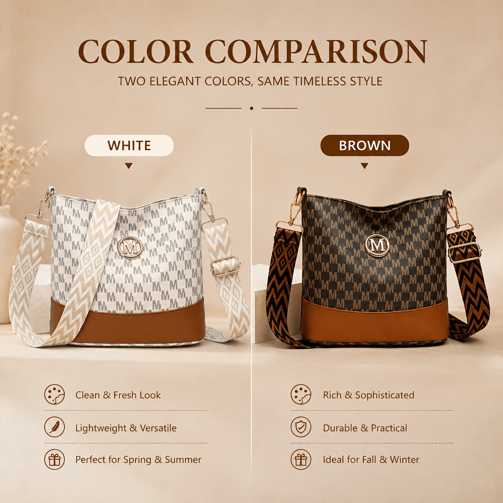 Patchwork Shoulder and Crossbody Bag with Vintage Styling and Wide Lettered Woven Strap, White or Brown Options for Workday Outings, Shopping and Dining