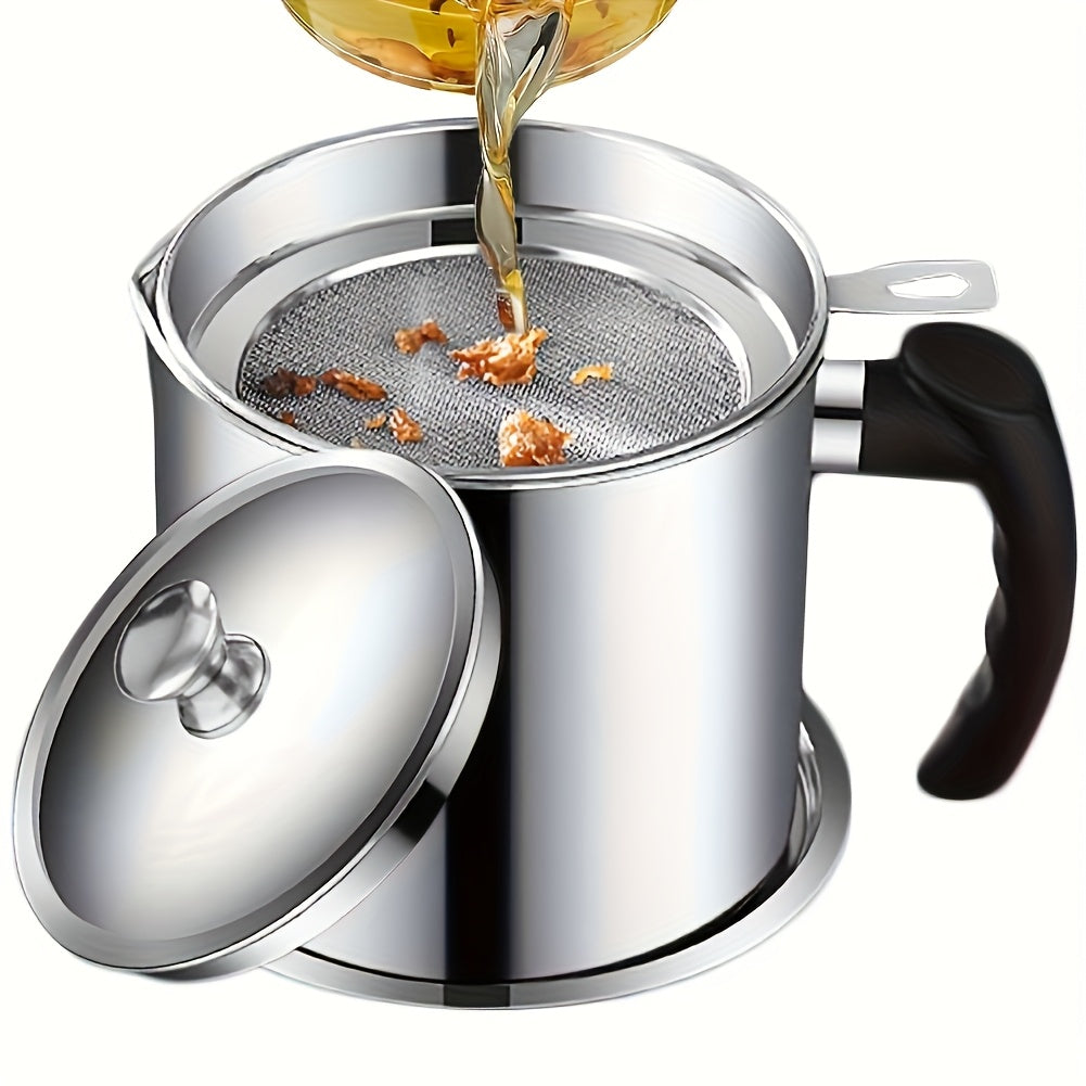 Kitchen Grease Container with Strainer and Easy-Pour Handle, Silvery Oil Storage Can with Listed Stainless Steel Design for Everyday Cooking Cleanup