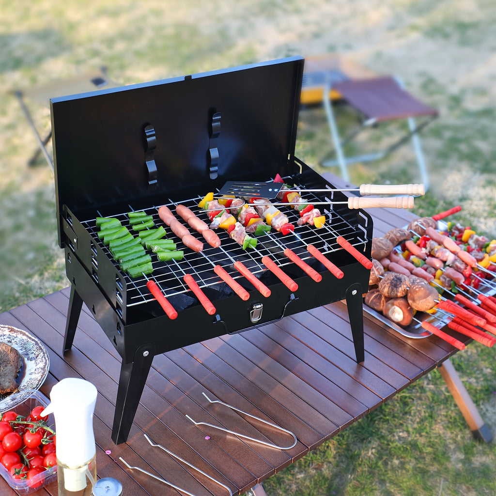 Collapsible Charcoal Grill with Windshield and BBQ Accessories, Small Folding Outdoor Barbecue for Camping, Picnic Meals and Backyard Weekend Cookouts