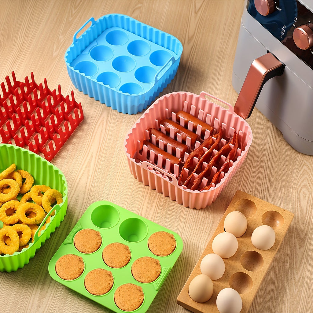 Silicone Air Fryer Baking Tray Set of Two with Listed Nonstick Liner and Muffin Mold Wording, Reusable Kitchen Accessories in Five Colors for Compatible Appliances