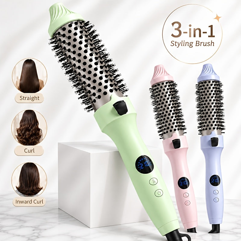 Non-Rotating Heated Hair Brush for Straightening, Curling and Inward-Turned Ends, 3-in-1 Round Barrel Styling Comb with No Airflow in Purple, Green or Pink