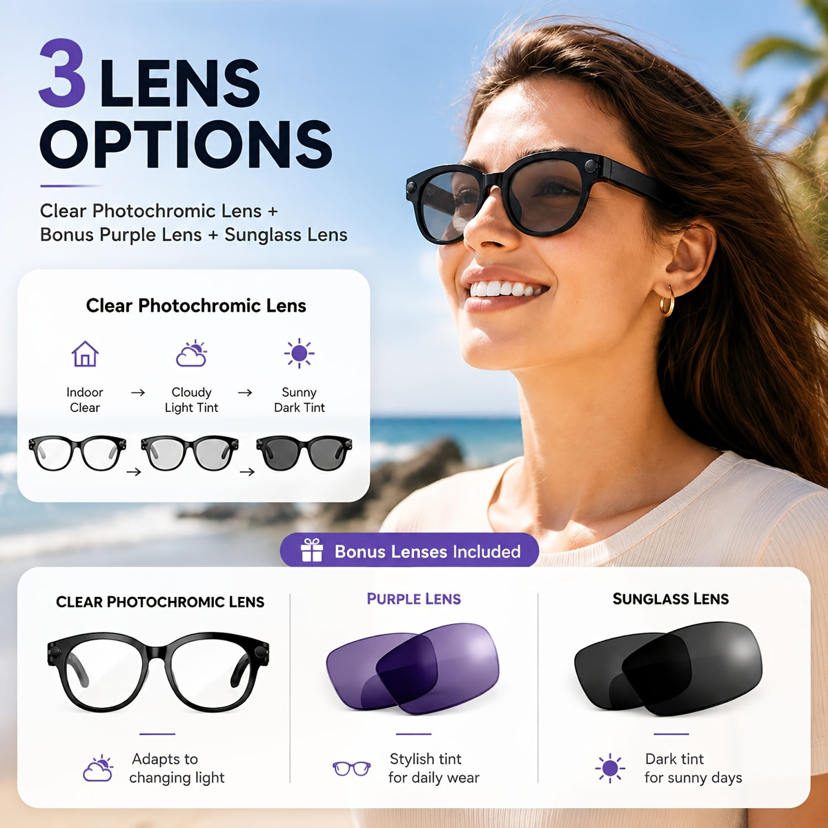 Photochromic AI Smart Glasses with Listed 8MP Camera and EIS, Live Translation, Object Recognition, Voice Control and Open-Ear Music in Unisex Black