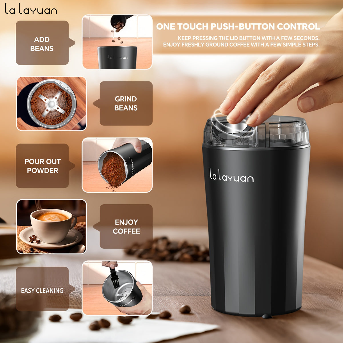 Coffee Bean Grinder with 200W Motor and Stainless Steel Chamber, One-Touch Electric Blade Mill for Home Coffee and Spice Prep, 2.7oz Capacity