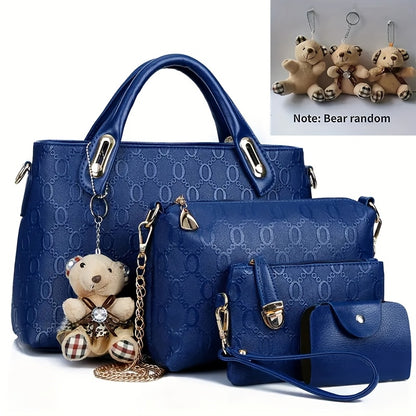 Women's Four-Piece Handbag Set with Random-Style Bear Pendant Reference, Black, Beige, Golden or Deep Blue Options for Daily Commuting and Casual Outings