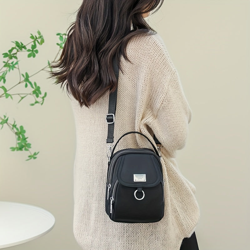 Mini Crossbody Bag for Women in Nylon with Multiple Zipper Compartments, Front Pocket and Detachable Adjustable Strap, Four Colors for Casual Outings