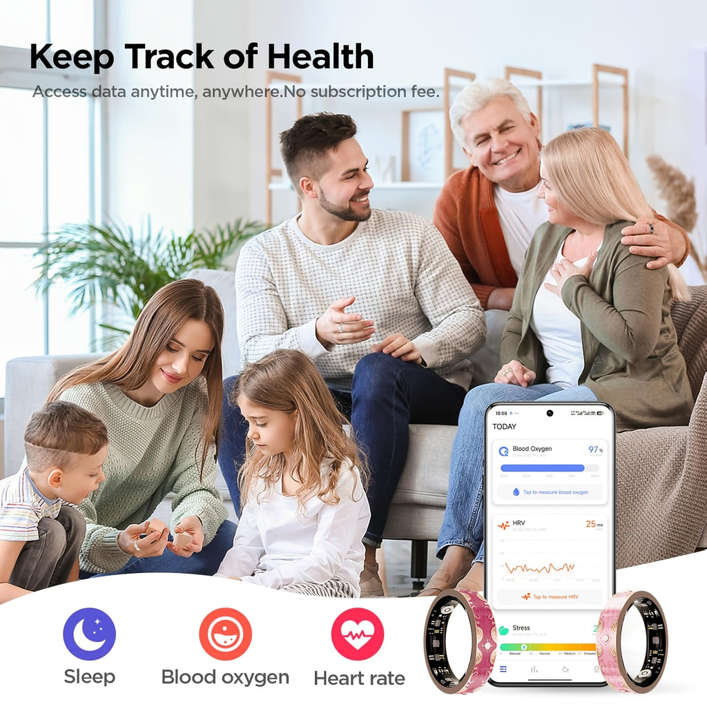 Smart Ring for Women, Fitness Tracker Ring with 120+ Sports Modes, Steps, Distance and Calories Tracking, Stress Monitor and Menstrual Cycle Tracking for iPhone and Android, No Subscription