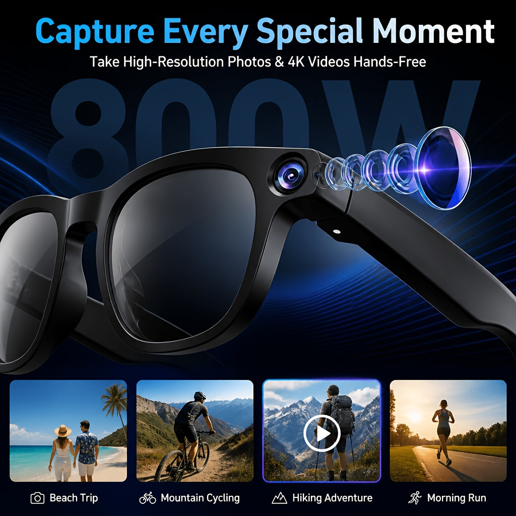Voice-Wake Smart Camera Glasses with Listed 8MP Imaging, Photo and Video Capture, Real-Time Translation, Voice Assistant, Wireless Music and Call Features