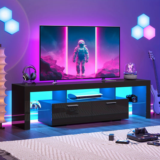 Black LED TV Stand with Listed 51-Inch Length and Single Storage Drawer, Modern Entertainment Media Console for Living Room, Bedroom and Game Room Organization