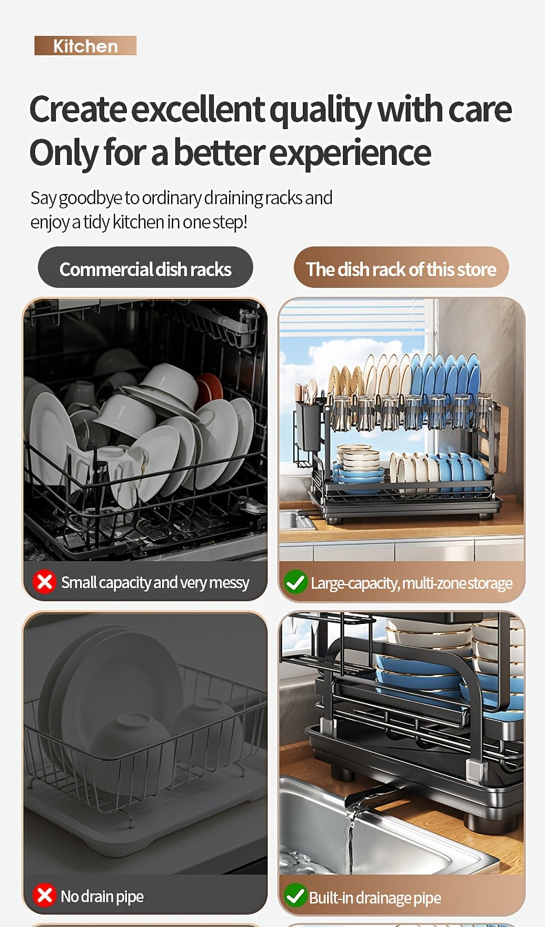 Metal Countertop Dish Rack for Kitchen Tableware Organization, Two-Tier Painted Rack Design with Utensil Holder Reference and Black, Dark Grey or Base Options