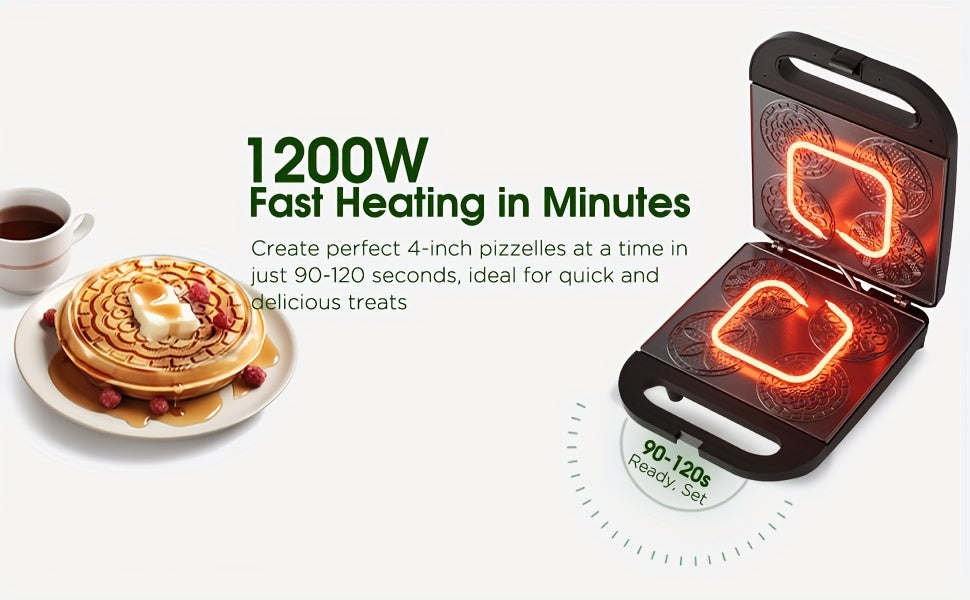 Pizzelle Maker Electric Cookie Baker with Listed Nonstick Surface and Two Capacity Label Options for Homemade Breakfast Treats, Snacks and Dessert Preparation