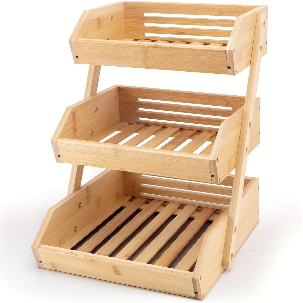 Wooden Fruit Basket Stand for Kitchen Countertops, Two or Three Tier Open Slat Produce Organizer with Natural Wood Finish and Detachable Hooks for Fruit, Bread and Packaged Snacks