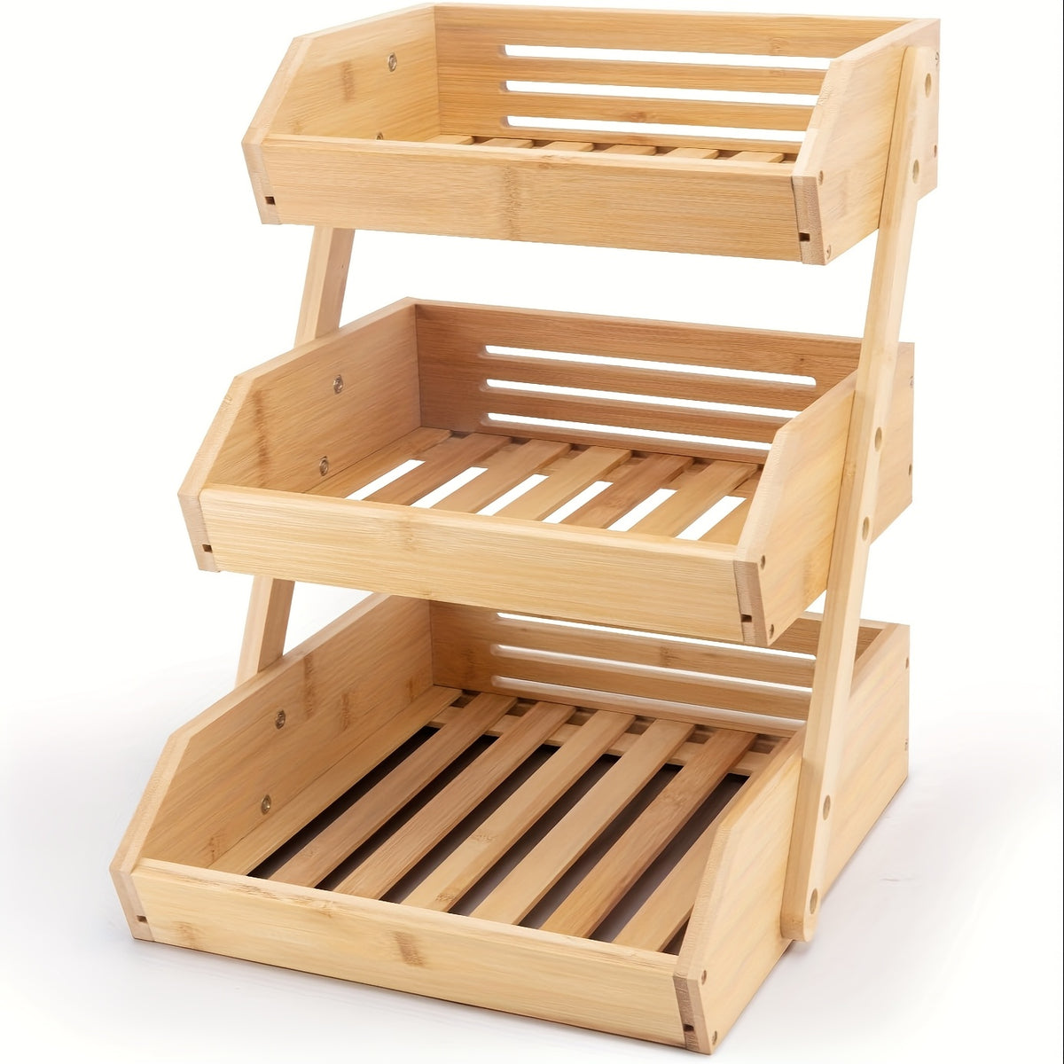 Wooden Fruit Basket Stand for Kitchen Countertops, Two or Three Tier Open Slat Produce Organizer with Natural Wood Finish and Detachable Hooks for Fruit, Bread and Packaged Snacks