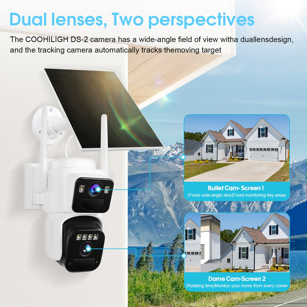 Dual-Screen Solar WiFi Security Camera with Fixed Wide-Angle and Rotating PTZ Lenses, 8000mAh Battery, Night Vision, Two-Way Audio and Optional TF Card Packages