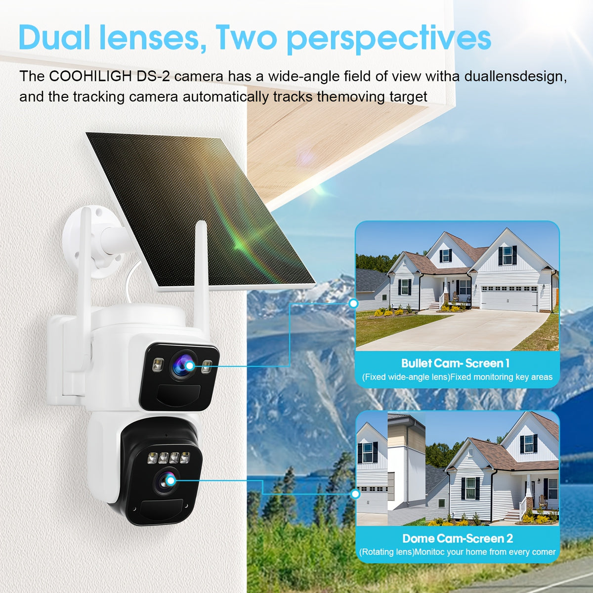 Dual-Screen Solar WiFi Security Camera with Fixed Wide-Angle and Rotating PTZ Lenses, 8000mAh Battery, Night Vision, Two-Way Audio and Optional TF Card Packages