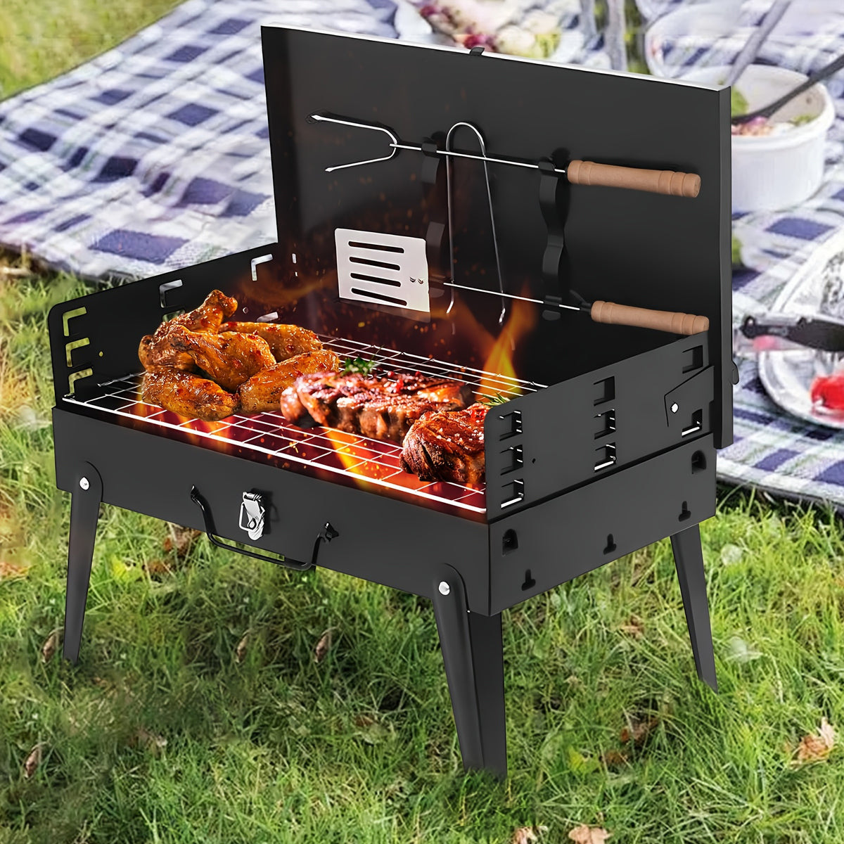 Portable Charcoal BBQ Grill with Compact Folding Design, Three-Piece Set Selection for Camping Cookouts, Outdoor Picnics and Backyard Barbecue Meals