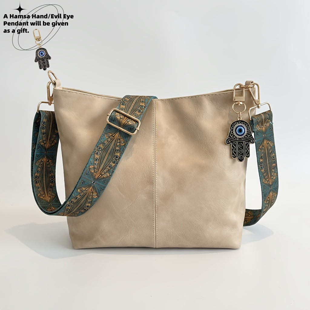 Bohemian Hobo Crossbody Bag for Women with Geometric Strap and Hamsa Hand/Evil Eye Pendant, Large-Capacity Retro Shoulder Handbag in 11 Colors