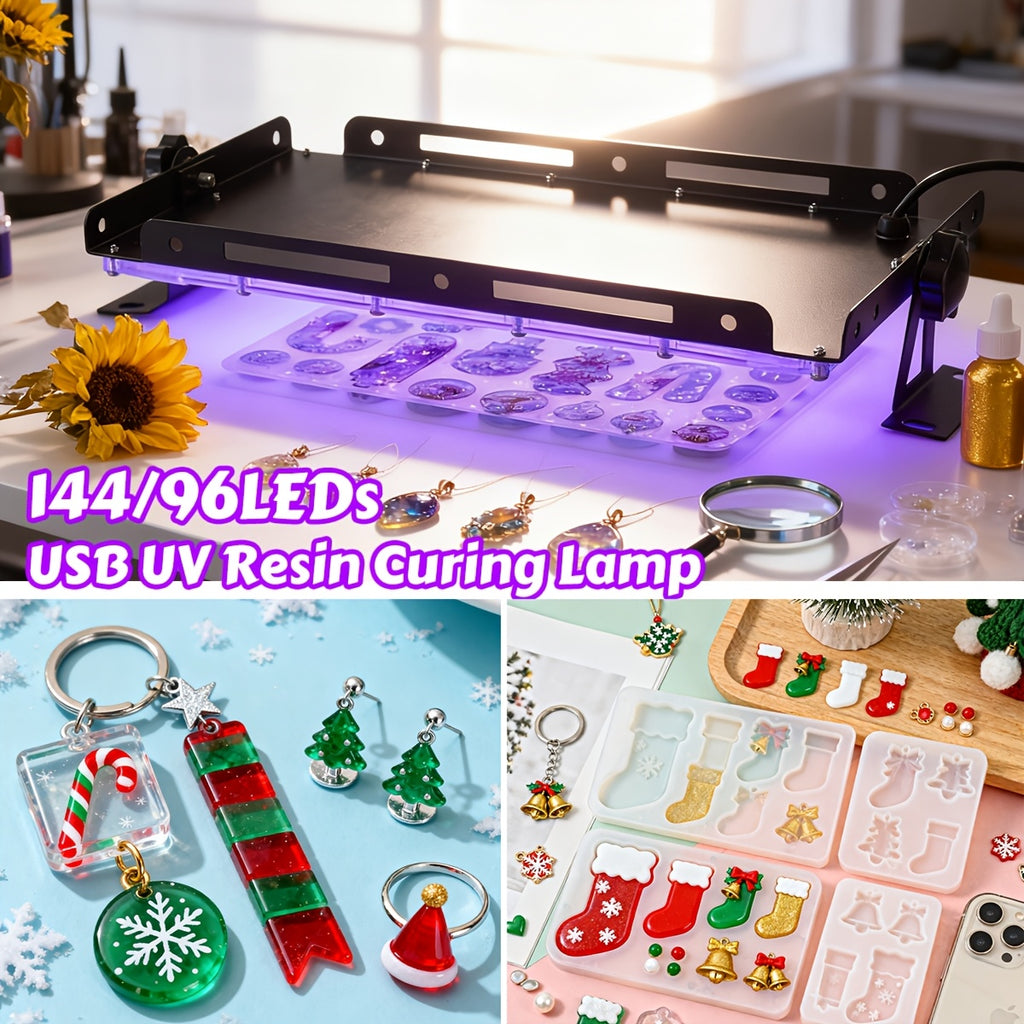 Stand-Equipped Resin Curing Lamp in Black with 96 or 144 LED Option Labels, One-Button Craft Light for Compatible Light-Curing Resin Jewelry and Mold Projects