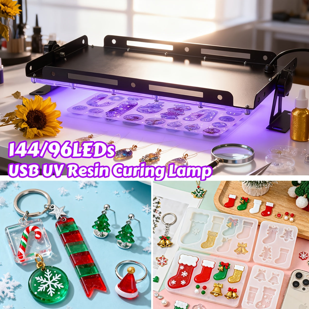 Stand-Equipped Resin Curing Lamp in Black with 96 or 144 LED Option Labels, One-Button Craft Light for Compatible Light-Curing Resin Jewelry and Mold Projects