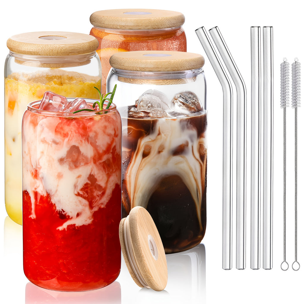 Iced Coffee Glass Set with 16oz Mason Jar Style Mugs, Bamboo Lids and Straws for Reusable Cold Beverage Serving at Home, Brunch Gatherings and Gift Giving