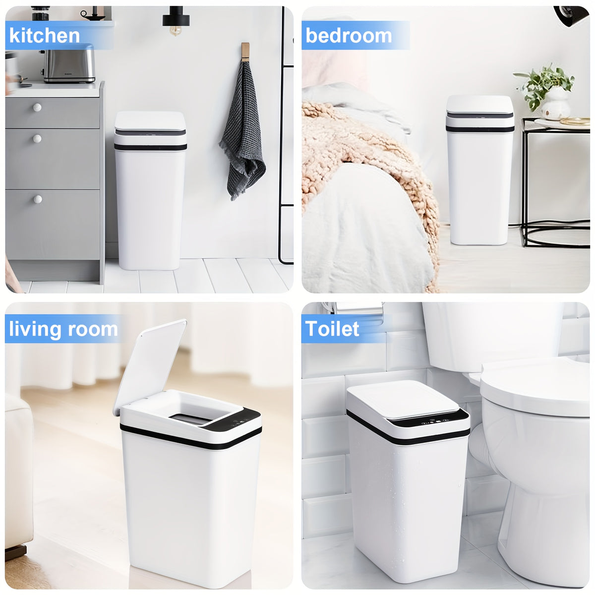 Touchless Bathroom Trash Can Set of 2, 4-Gallon and 2.8-Gallon Slim Motion Sensor Bins with Lids for Bedroom, Office and Living Room