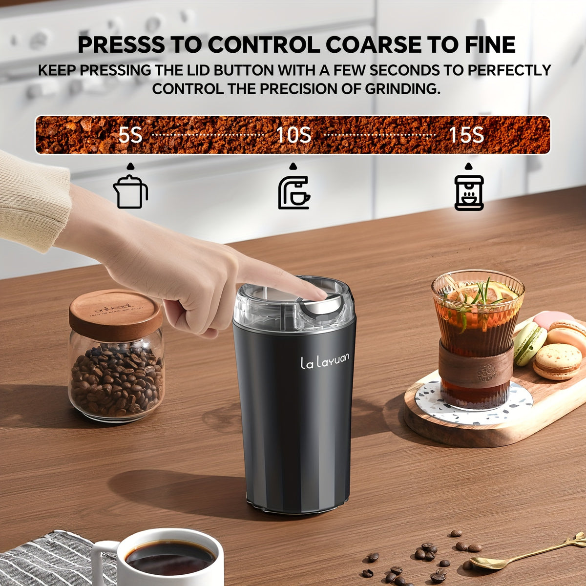Coffee Bean Grinder with 200W Motor and Stainless Steel Chamber, One-Touch Electric Blade Mill for Home Coffee and Spice Prep, 2.7oz Capacity