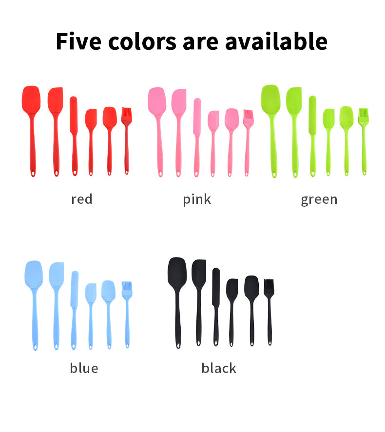 Silicone Baking Utensil Set, Six-Piece Kitchen Tool Selection with Scraper, Spatula and Oil Brush References in Red, Green, Black, Pink or Blue for Cake Preparation