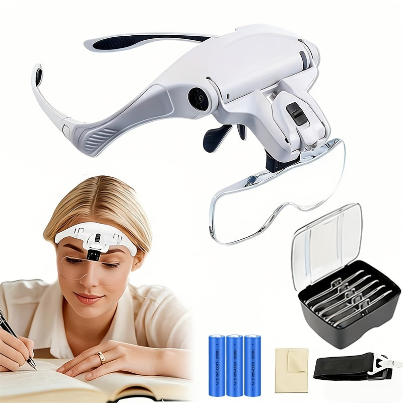Hands-Free Lighted Magnifier with Five Interchangeable 1X to 3.5X Lenses and Adjustable Elastic Headband for Reading, Jewelry Making, Model Building and Electronics Projects