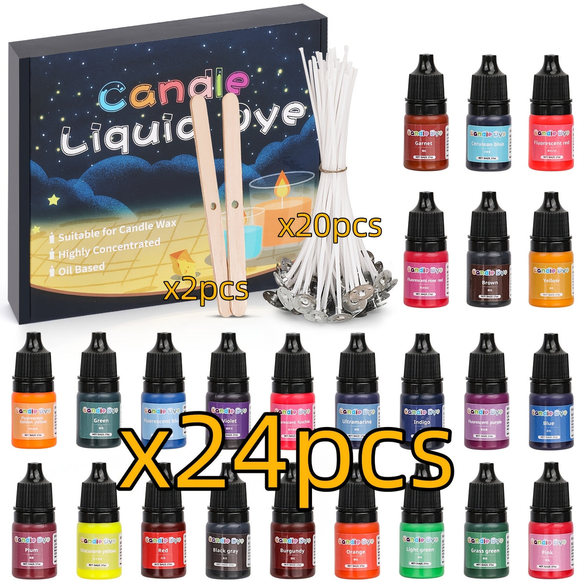 Oil Based Candle Dye Selection with Twenty-Four Listed Colors and Mixed Color Option, Craft Colorants with Soap Coloring Reference for Compatible Adult DIY Projects