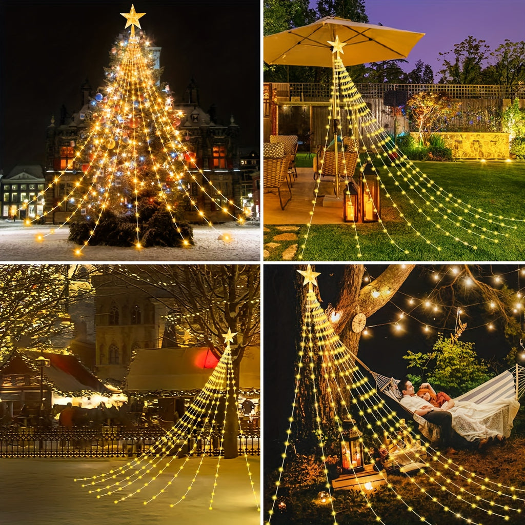 Solar Star Waterfall String Lights with White Color Label, 280LED-3M Model and Eight Listed Modes for Christmas, Garden Wedding and Seasonal Decorative Displays