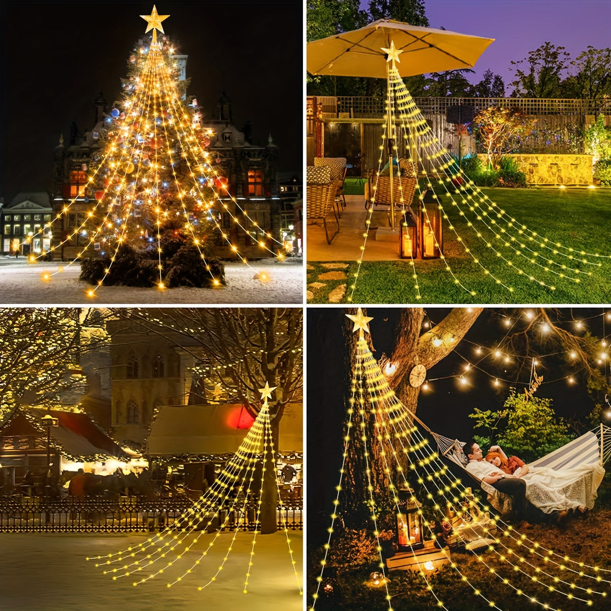 Solar Star Waterfall String Lights with White Color Label, 280LED-3M Model and Eight Listed Modes for Christmas, Garden Wedding and Seasonal Decorative Displays