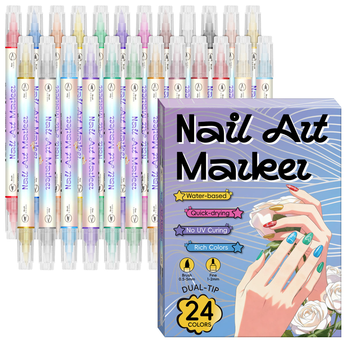 Dual-Tip Nail Art Markers 24-Piece Set, 12 Metallic and 12 Dopamine Color Acrylic Paint Pens for Graffiti-Inspired DIY Manicure Designs at Home or Salon